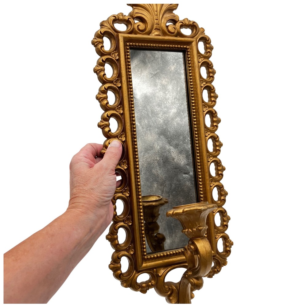 Homco Mirror Candle Sconce 2582 19.75in Gold Ornate Vintage Wall Plaque